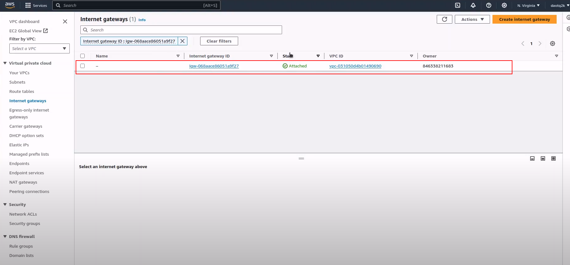 Internet Gateway created from terraform